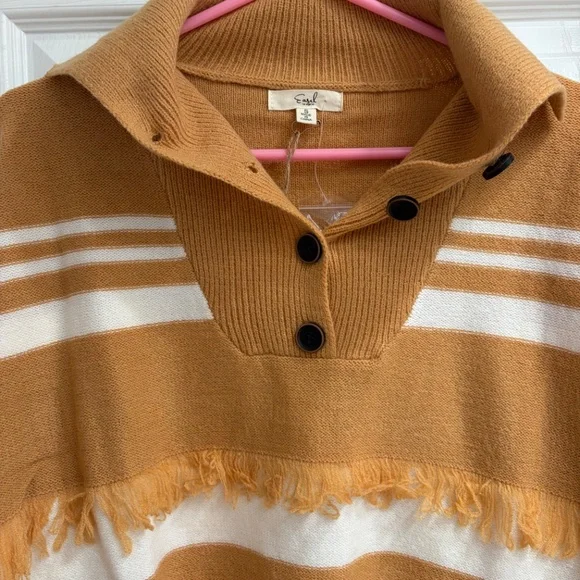 New Easel Camel Button Mock Collar Neckline Fringe Sweater Pullover Small - Picture 4 of 6